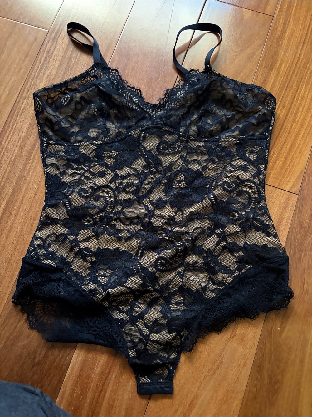 Black Lace Bodysuit with Sheer Floral Overlay - Women Intimates